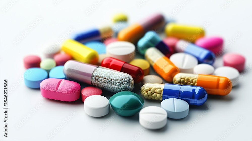 Colorful pills and tablets in various shapes, including round or square-shaped tablets and capsules, on a white background. Colorful pills and tablets in various shapes, including round or square-shaped tablets and capsules, on a white background.