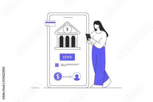 Mobile banking concept. Woman makes online payment and doing transaction in phone bank application. Flat Cartoon Vector Illustration, icon. Stylish abstract design web