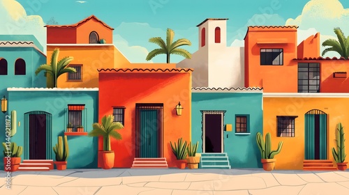 A row of colorful hacienda houses