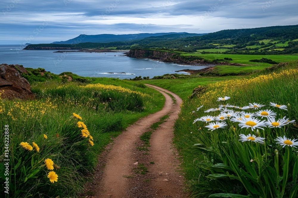 Obraz premium A narrow dirt road cutting through a vibrant field of Tasmanian wildflowers, leading to the ocean