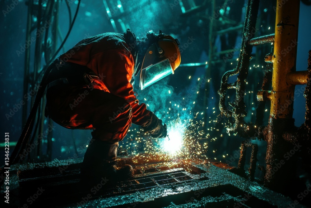 Professional underwater welder sealing structural damage on oil rig platform, sparks illuminating dark marine environment Professional underwater welder sealing structural damage on oil rig platform, sparks illuminating dark marine environment