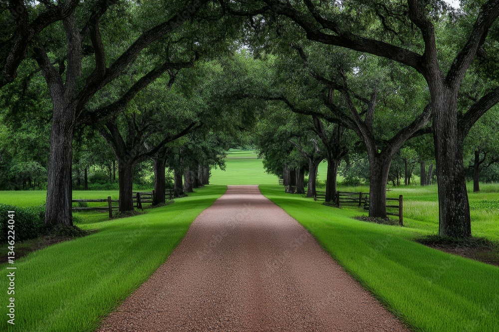 A peaceful gravel road lined with tall oak trees, their branches forming a natural canopy overhead A peaceful gravel road lined with tall oak trees, their branches forming a natural canopy overhead