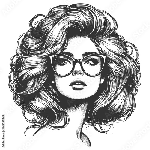 woman with large glasses and voluminous wavy hair, gazing thoughtfully sketch engraving generative ai fictional character vector illustration. Scratch board imitation. Black and white image.