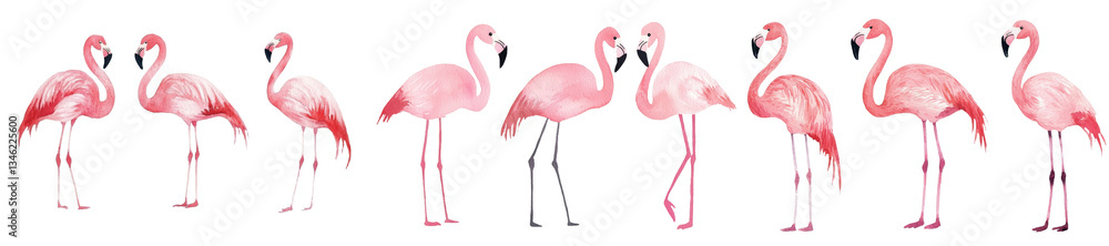 Obraz premium A greeting card design featuring a watercolor illustration of pink flamingos isolated on a white background