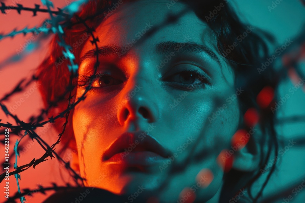 Close-up of woman's face with barbed wire shadows, dramatic lighting, intense expression, artistic portrait, emotional depth, conceptual art, International Women's Day, empowerment concept Close-up of woman's face with barbed wire shadows, dramatic lighting, intense expression, artistic portrait, emotional depth, conceptual art, International Women's Day, empowerment concept