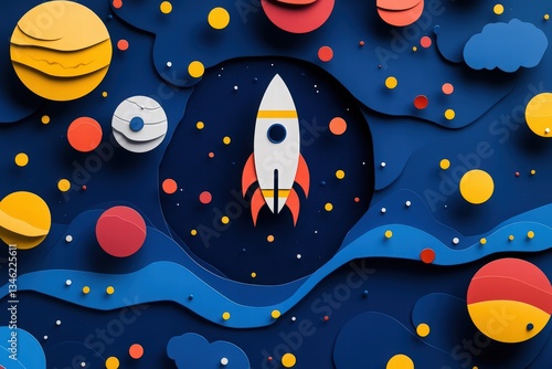 Cosmonautics Day. rocket soaring through space with planets and stars in a paper-cut style, set against a dark blue background. 