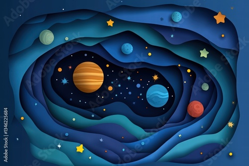 Cosmonautics Day. rocket soaring through space with planets and stars in a paper-cut style, set against a dark blue background. 