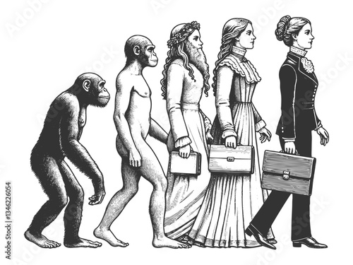 evolution of woman, transitioning from primate to modern professional sketch engraving generative ai fictional character vector illustration. Scratch board imitation. Black and white image