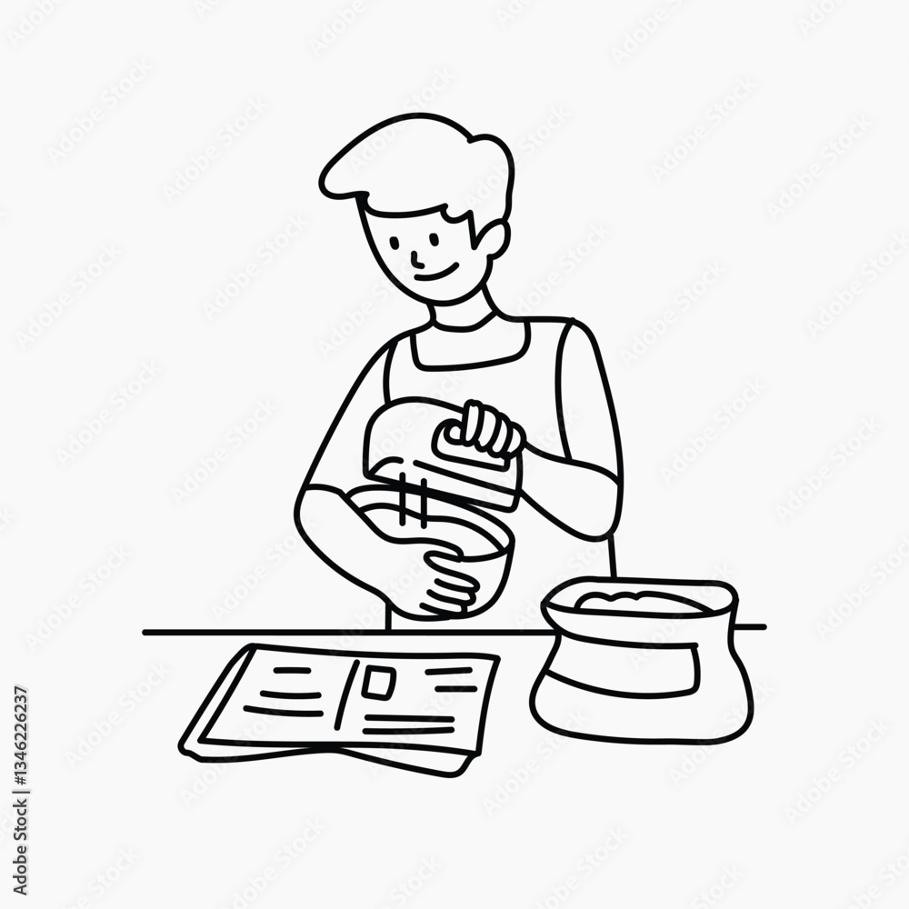Man baking with recipe doodle collage element vector Man baking with recipe doodle collage element vector