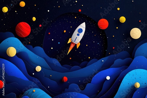 Cosmonautics Day. rocket soaring through space with planets and stars in a paper-cut style, set against a dark blue background. 