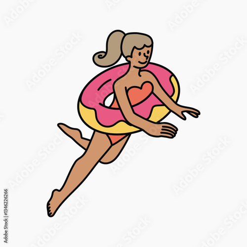 Woman swimming with floaty collage element vector