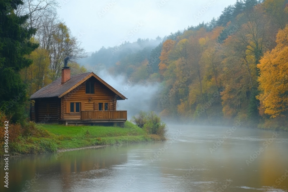 Fototapeta premium Cozy log cabin by misty river in autumn forest landscape