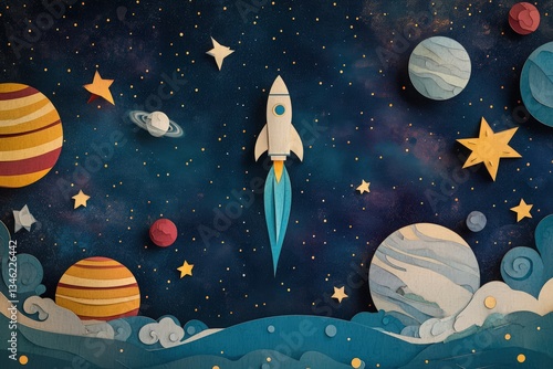 Cosmonautics Day. rocket soaring through space with planets and stars in a paper-cut style, set against a dark blue background. 