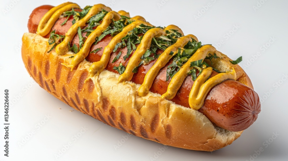 Classic hot dog with a zigzag of mustard on a soft bun isolated Classic hot dog with a zigzag of mustard on a soft bun isolated