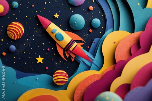 Cosmonautics Day. rocket soaring through space with planets and stars in a paper-cut style, set against a dark blue background. 