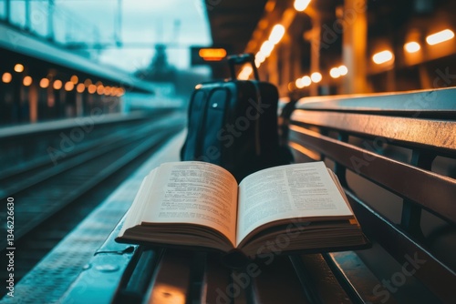 Open book on bench at train station platform during evening