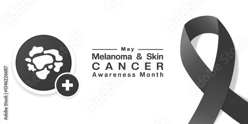 May is Melanoma And Skin Cancer Awareness Month. Melanoma, plus icon and ribbon. Great for posters, banners, social media and more. White background.