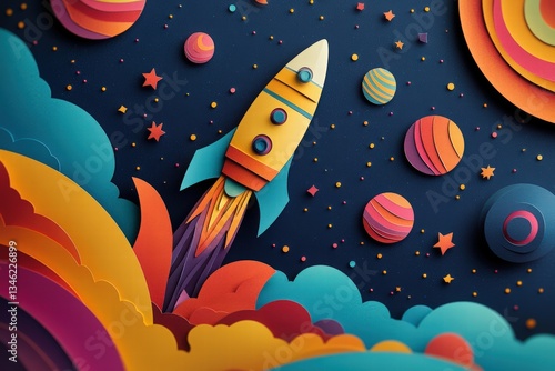 Cosmonautics Day. rocket soaring through space with planets and stars in a paper-cut style, set against a dark blue background. 