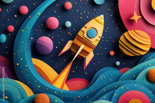 Cosmonautics Day. rocket soaring through space with planets and stars in a paper-cut style, set against a dark blue background. 