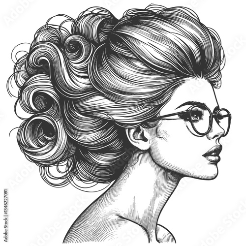 woman with large glasses and voluminous wavy hair, gazing thoughtfully sketch engraving generative ai fictional character vector illustration. Scratch board imitation. Black and white image.