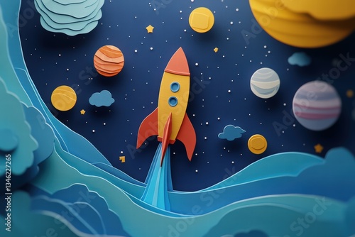 Cosmonautics Day. rocket soaring through space with planets and stars in a paper-cut style, set against a dark blue background. 