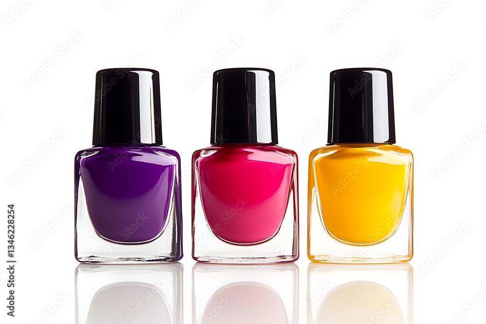Three nail polish bottles in purple, pink, and yellow. Three nail polish bottles in purple, pink, and yellow.