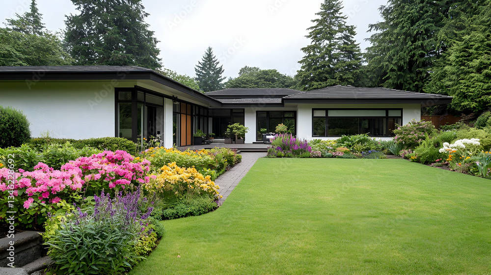 Fototapeta premium Modern Residential House Exterior with Lush Garden and Colorful Blooming Flowers under Overcast Sky