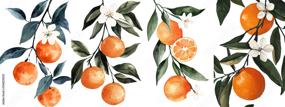 A botanical painting featuring a branch of orange accompanied by a mandarin, illustrated in watercolor on a simple white background A botanical painting featuring a branch of orange accompanied by a mandarin, illustrated in watercolor on a simple white background