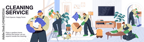 Cleaning service advertising banner design. Promotion template with professional cleaners' team doing cleanup in apartment. Layout with housekeeping workers do housework. Flat vector illustration