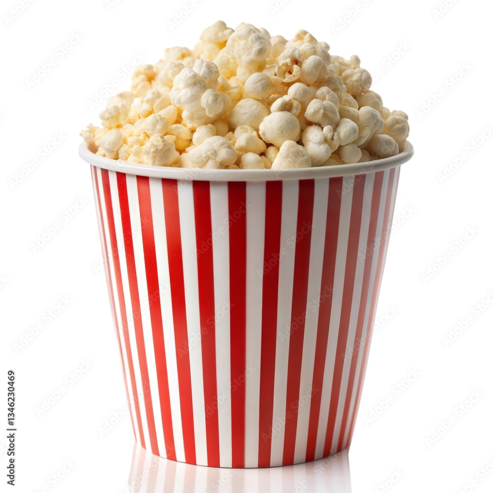 A large bucket of freshly popped popcorn in a classic red and white striped container, perfect for movie night. A large bucket of freshly popped popcorn in a classic red and white striped container, perfect for movie night.