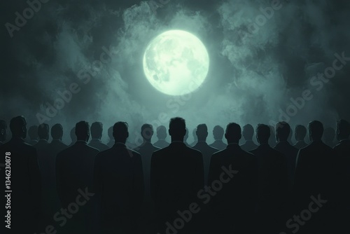 Silhouetted Crowd Under Full Moon in Mysterious Nighttime Setting, Eerie Atmosphere, Halloween Concept