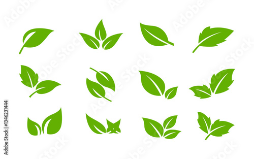 Twelve green leaf icons