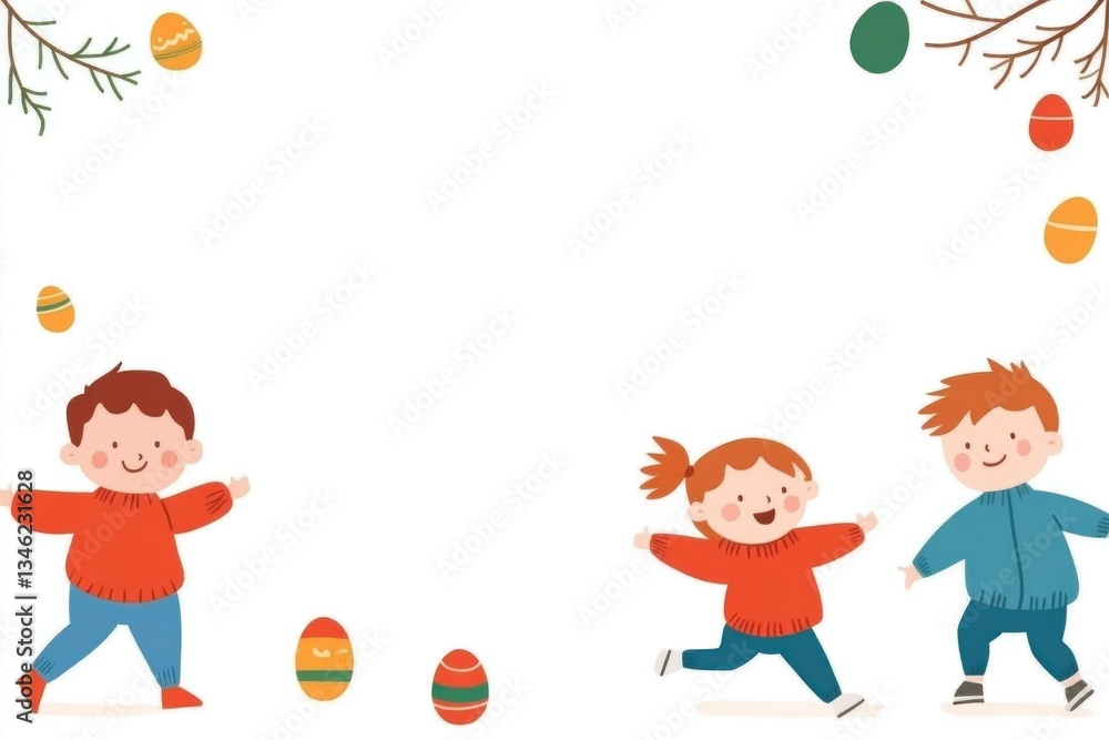 Happy children playing with Easter eggs in colorful spring attire, enjoying a festive atmosphere during the Easter celebration Happy children playing with Easter eggs in colorful spring attire, enjoying a festive atmosphere during the Easter celebration