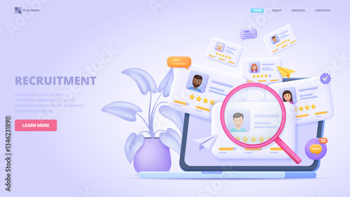 Recruitment and hiring platform. Job search and employment service. HR agency for talent acquisition. Workforce selection and candidate management. Vector 3d design concept for landing page. Three dim
