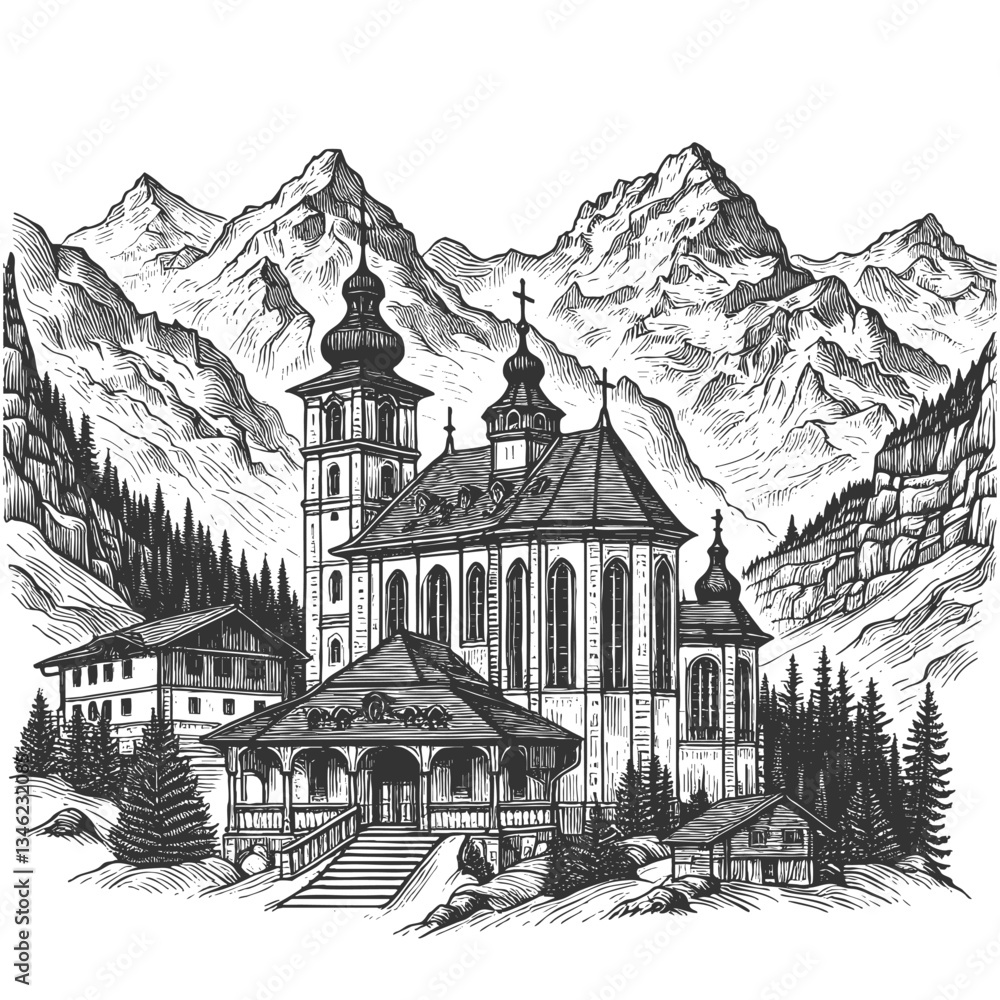 Fototapeta premium historic monastery in alpine mountain landscape, evoking a peaceful and timeless atmosphere sketch engraving generative ai vector illustration. Scratch board imitation. Black and white image.