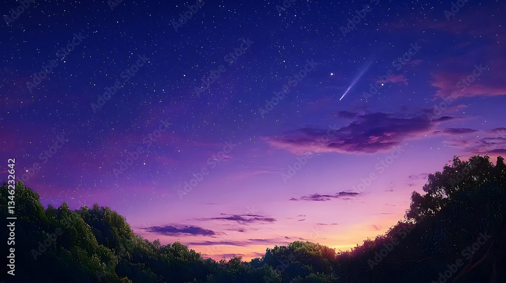 Naklejka premium Pixelated Sunset Sky With Comet And Trees