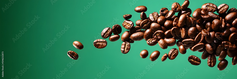 Obraz premium Dynamic Spread of Roasted Coffee Beans Against Vibrant Green Background - wide banner 