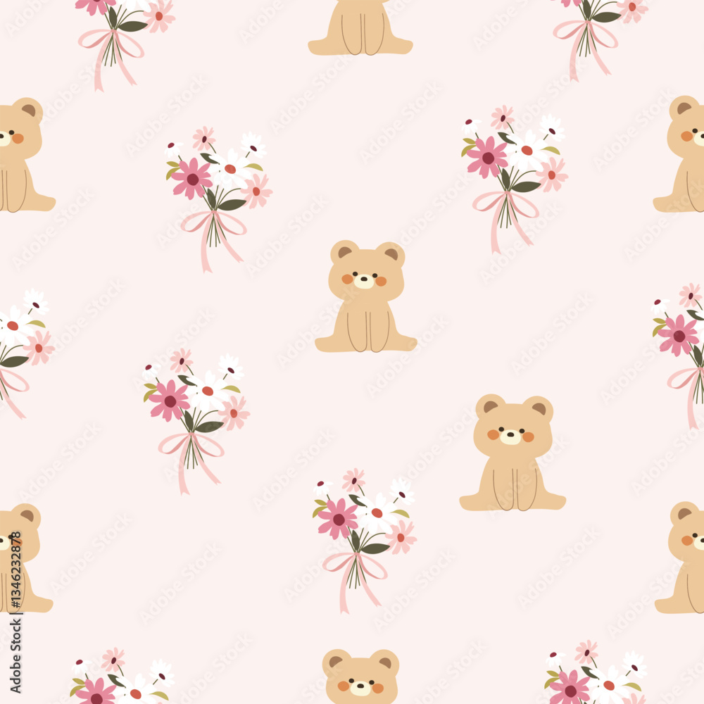 Obraz premium flower bouquet and bear seamless pattern , vector , illustration 