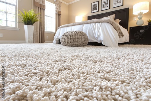 A bedroom with a white carpet and a white bed