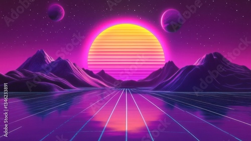Vibrant retro-futuristic landscape with mountains and glowing sun