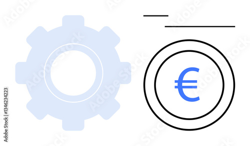 Gear adjacent to Euro currency symbol in a circle, emphasizing finance, automation, and progress. Ideal for fintech, investment, engineering, trade, process improvement economics flat simple