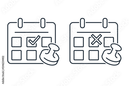 Calendar with approved and cancelled date. Vector linear icon isolated on white background.