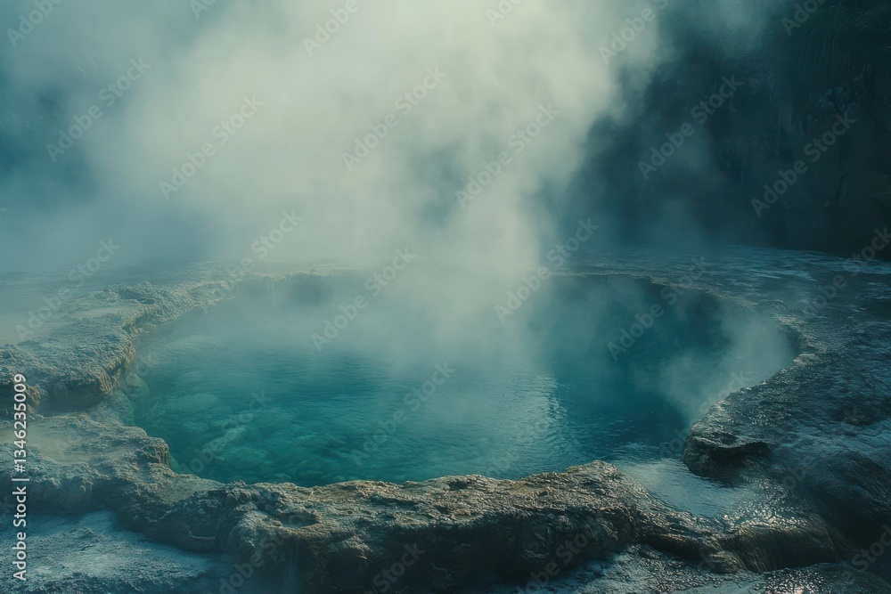 Fototapeta premium Vapor rising from a serene geothermal spring in a tranquil landscape at sunrise