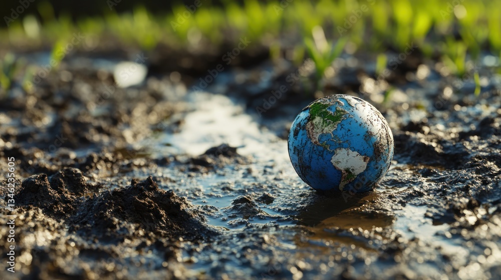 A globe resting on muddy ground surrounded by green sprouts, symbolizing Earth A globe resting on muddy ground surrounded by green sprouts, symbolizing Earth