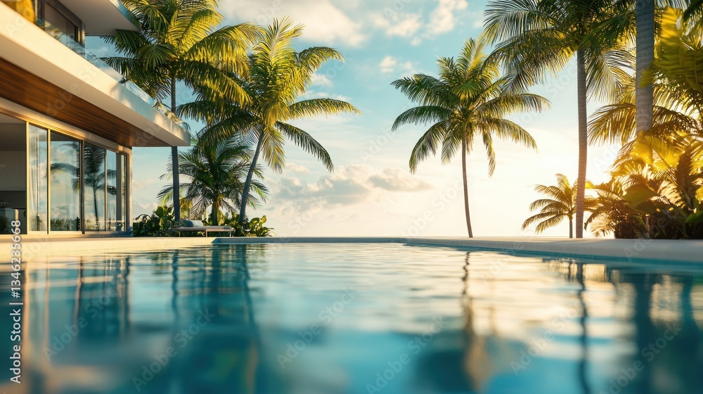 Fototapeta premium Luxury Tropical Villa with Infinity Pool and Ocean View at Sunset
