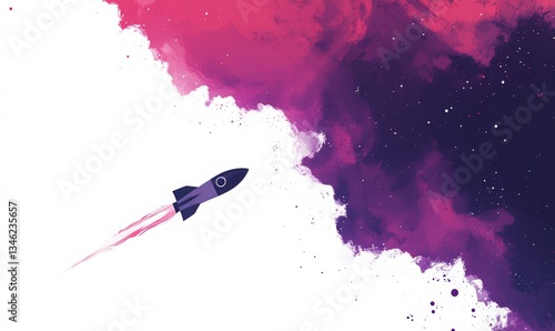 Cosmonautics Day. Abstract vector background for a website with a rocket. purple and red color scheme, space for custom text on a white backdrop