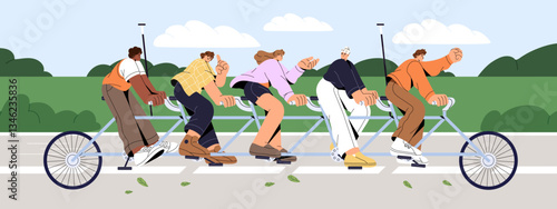 Concept of teamwork, collaboration, partnership. Team rides on tandem bicycle together. Happy workers work in cooperation. People cycling in five on common, corporate bike. Flat vector illustration