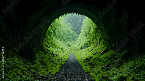 Lush Green Vegetation Filling Dark Stone Tunnel Creating Natural Archway with Light at the End