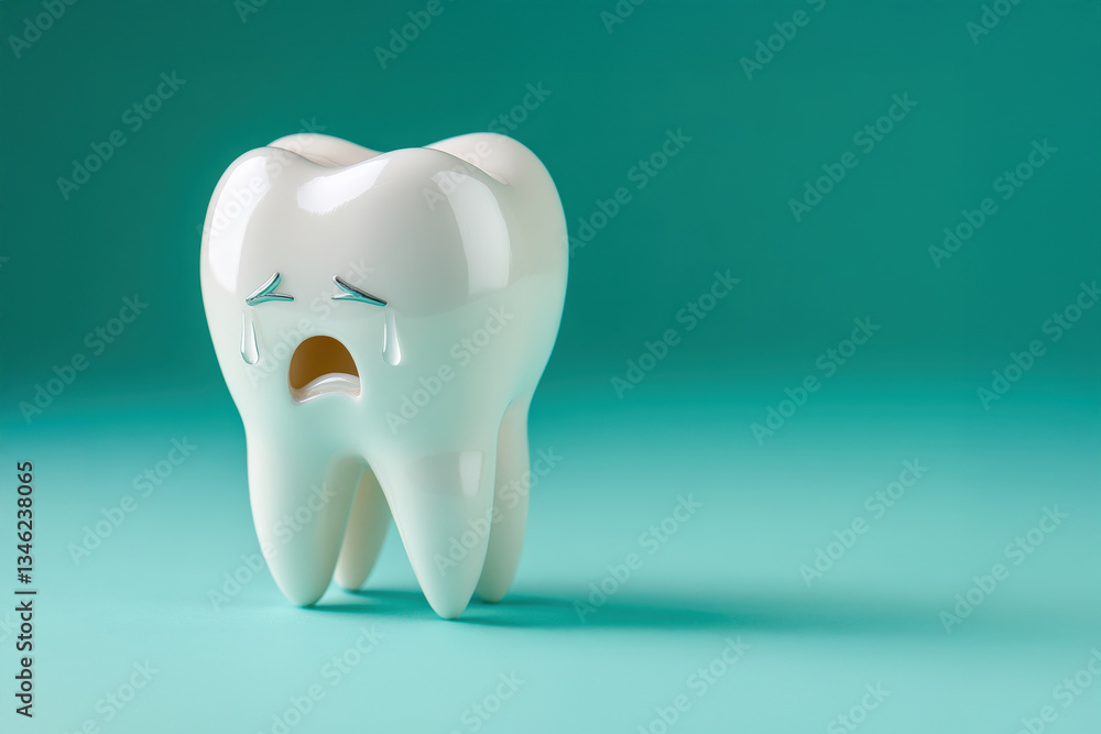Sad tooth with tears representing dental pain and discomfort in a turquoise background dental health concept Sad tooth with tears representing dental pain and discomfort in a turquoise background dental health concept