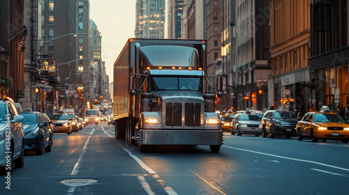 A large truck carefully maneuvers through thick urban traffic as the sun sets, surrounded by cars in a vibrant city scene filled with tall buildings.
